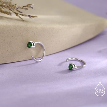 Sterling Silver Emerald Green Cz Huggie Hoop Threader Earrings, 4 of 11