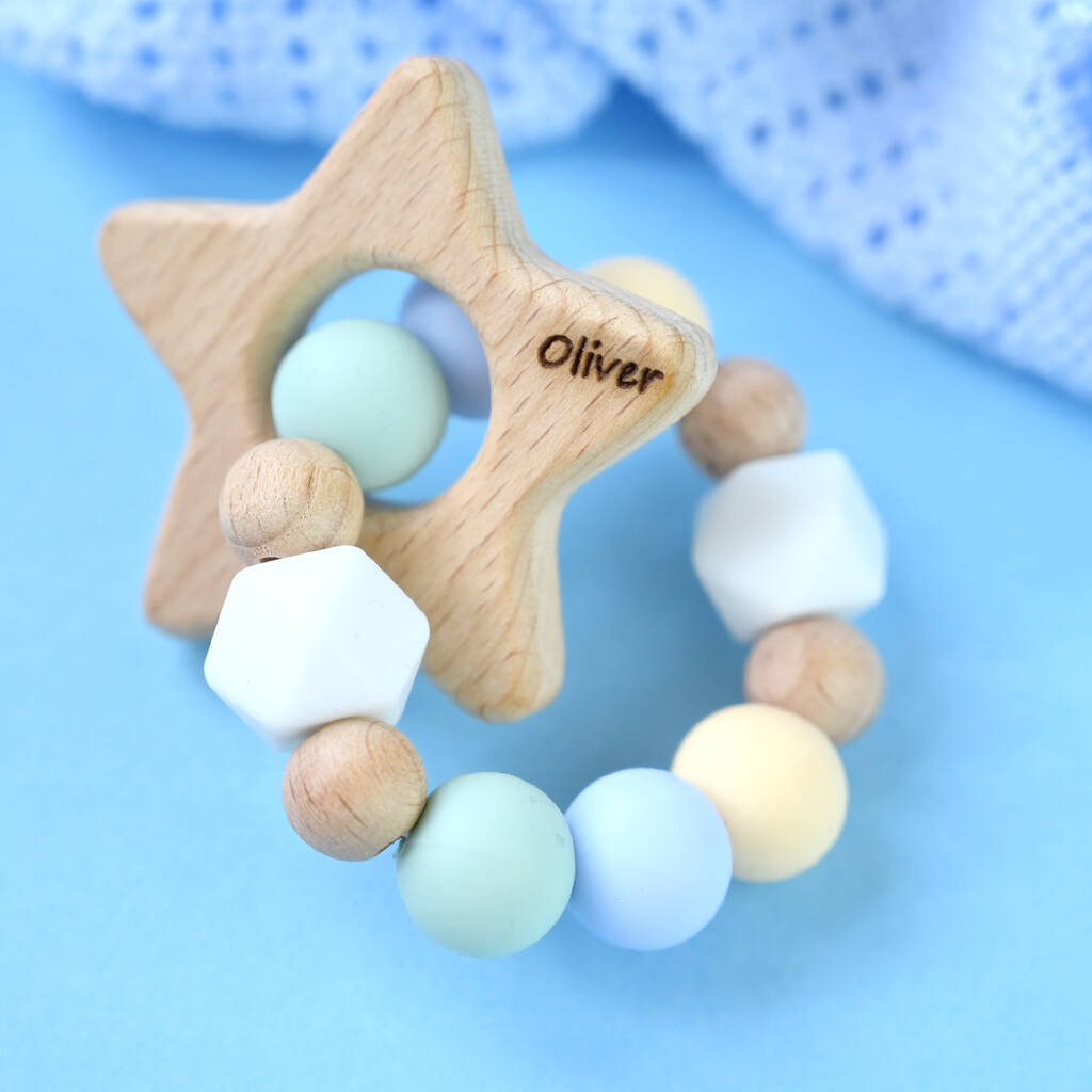 Personalised Baby Teether With Wooden Star, 1 of 2