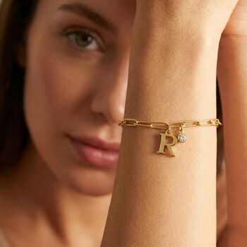 Gold Initial And Birthstone Paperclip Chain Bracelet, 3 of 7