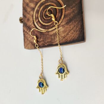 Hamsa Fatima Hand Protection Evil Eye Tassel Hand Drop Earring, 2 of 2