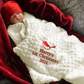 Personalised 1st Christmas Robin Baby Sherpa Blanket, 3 of 6