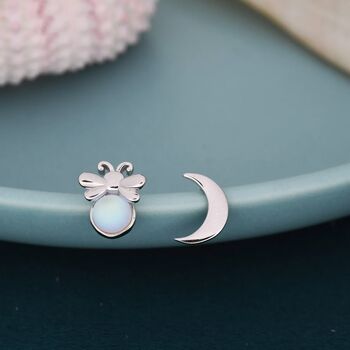 Sterling Silver Firefly And Moon Stud Earrings, 5 of 9
