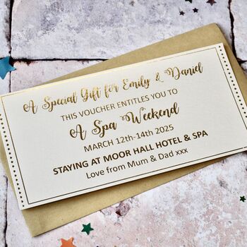 Personalised Gold Foil 'Spa Weekend Away' Gift Voucher, 2 of 3