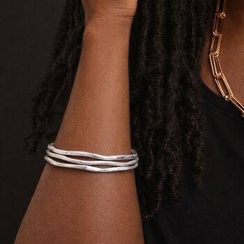 Sterling Silver Plated Wave Edge Triple Bangle Set, 2 of 5