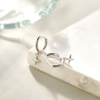 Sterling Silver Tiny Four Point Star Huggie Hoop Earrings, 2 of 11