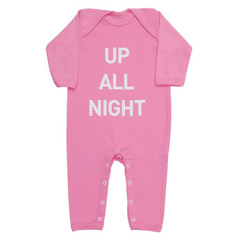 Baby Sleepsuit, Up All Night, Cotton Baby Grow, Gift Pink Or Grey, 2 of 9