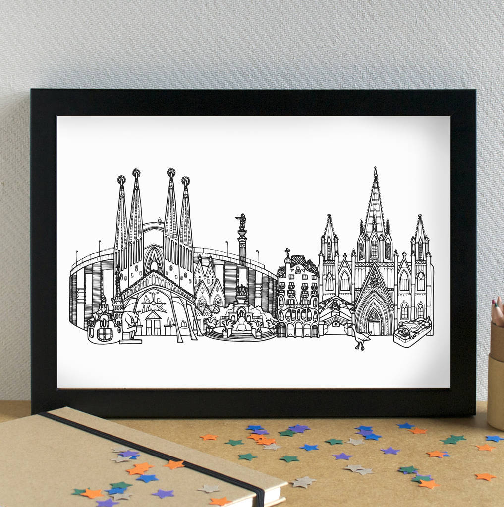 Barcelona Skyline Travel Art Print Unframed By Becka Griffin Illustration