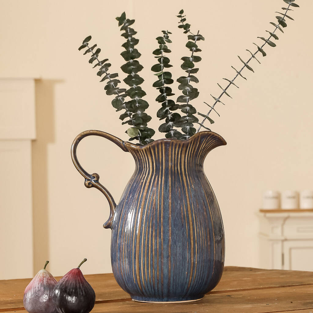 stainforth large blue ceramic ribbed jug vase by dibor