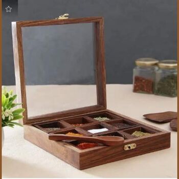 Wooden Handcrafted Square Spice Box Nine Compartments, 2 of 4