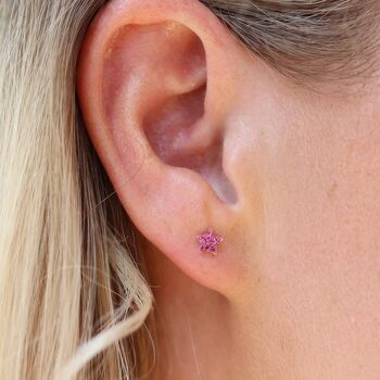 Sterling Silver Twinkling Pink Cz Star Stud Earrings, 2 of 10