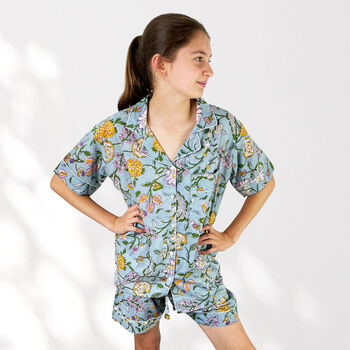 Pale Blue Floral 100% Cotton Ladies Pyjama Short Set, 6 of 7