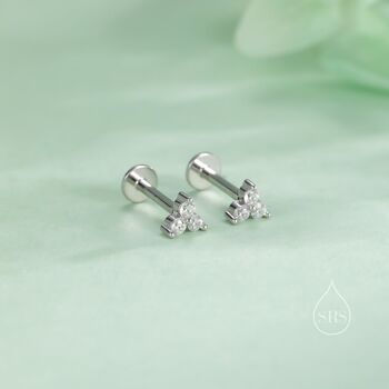 Internally Threaded Cz Trio Flat Back Earrings In Sterling Silver, 5 of 7
