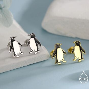Enamel Penguin Stud Earrings In Sterling Silver, 2 of 11