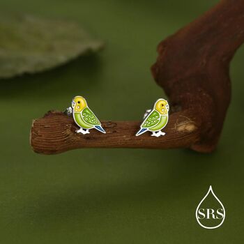 Sterling Silver Green Enamel Budgie Stud Earring, 5 of 11