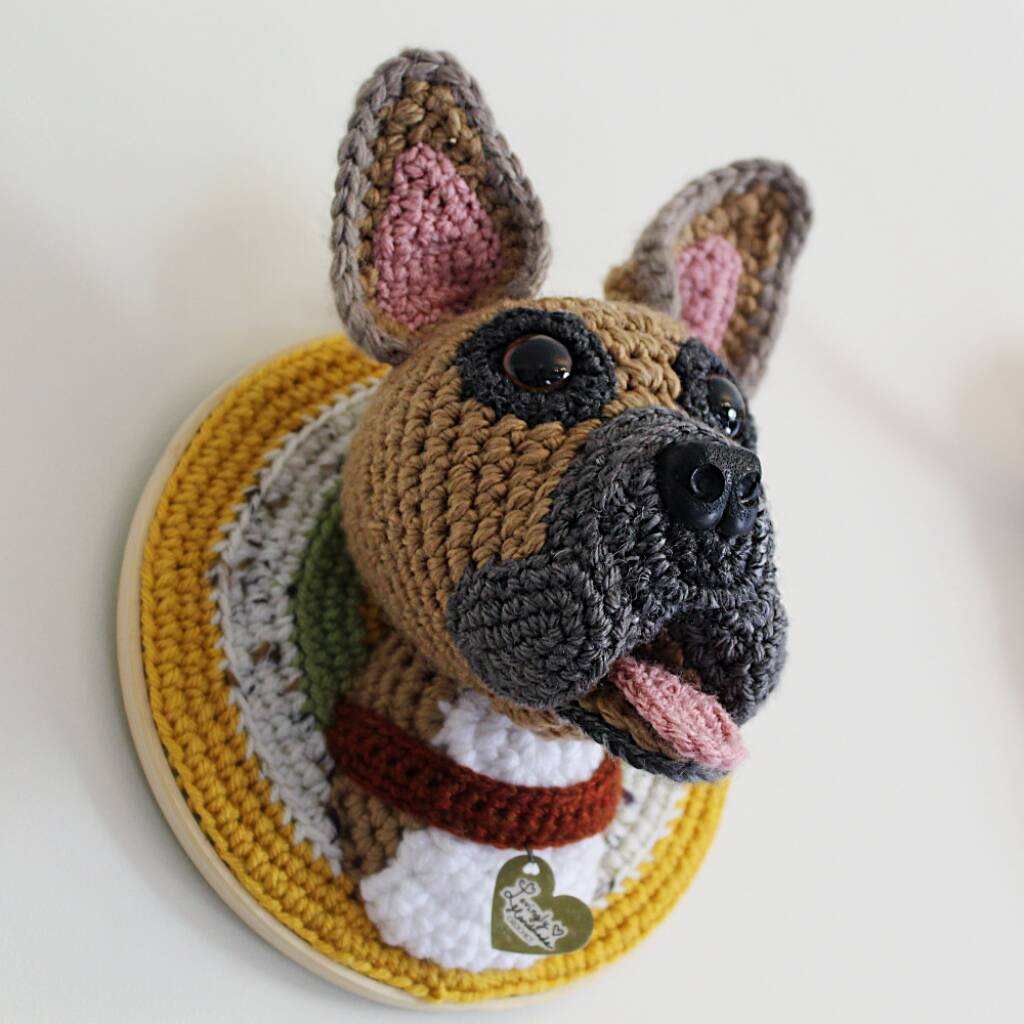 personalised crocheted trophy dog head by lovingly handmade crochet