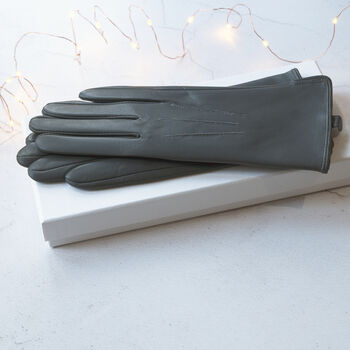 Soft Grey Leather Gloves With Stitching Detail, 6 of 10