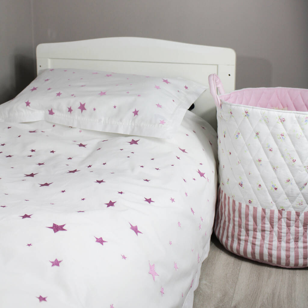 Pink Embroidered Star Single Duvet And Pillowcase Set By Lime Tree London