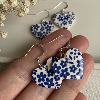 Blue Flower Ceramic Heart Earrings, 2 of 10