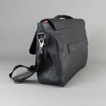 Black Leather Laptop Messenger Bag With Gunmetal Zip, 5 of 9