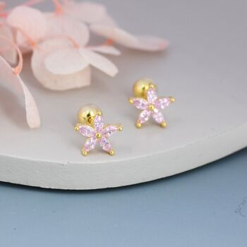 Tourmaline Pink Cz Flower Barbell Earrings, 8 of 9