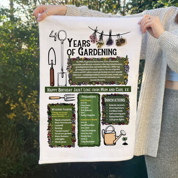 Personalised Years Of Gardening Birthday Gift Tea Towel For Gardeners, 3 of 7