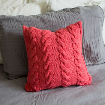 Hand Knit Chunky Cable Stitch Cushion In Salmon Pink, 5 of 5