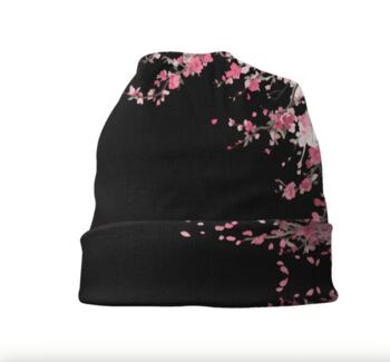 Chemo Headwear Beanie Hat Bandana Pink Flowers On Black Super Soft, 2 of 5