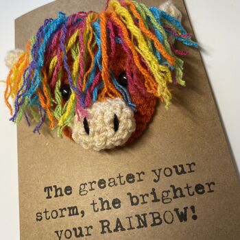 Rainbow Highland Cow Crochet Positivity Card Handmade Storm, 5 of 9