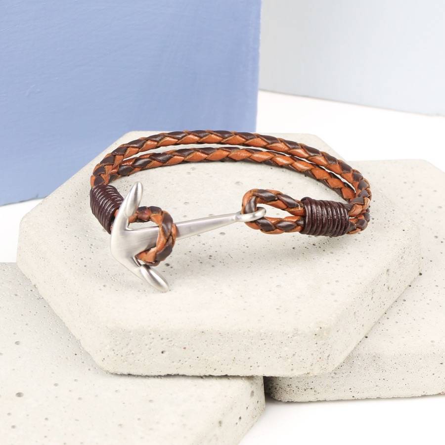men's braided leather bracelet with anchor clasp by lisa angel
