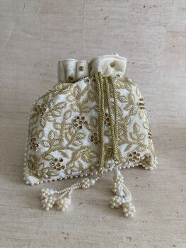 White Velvet Handcrafted Potli Bag, 4 of 10