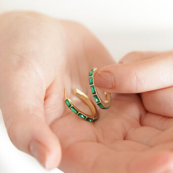 Green Baguette Crystal Hoop Earrings In Gold, 3 of 4