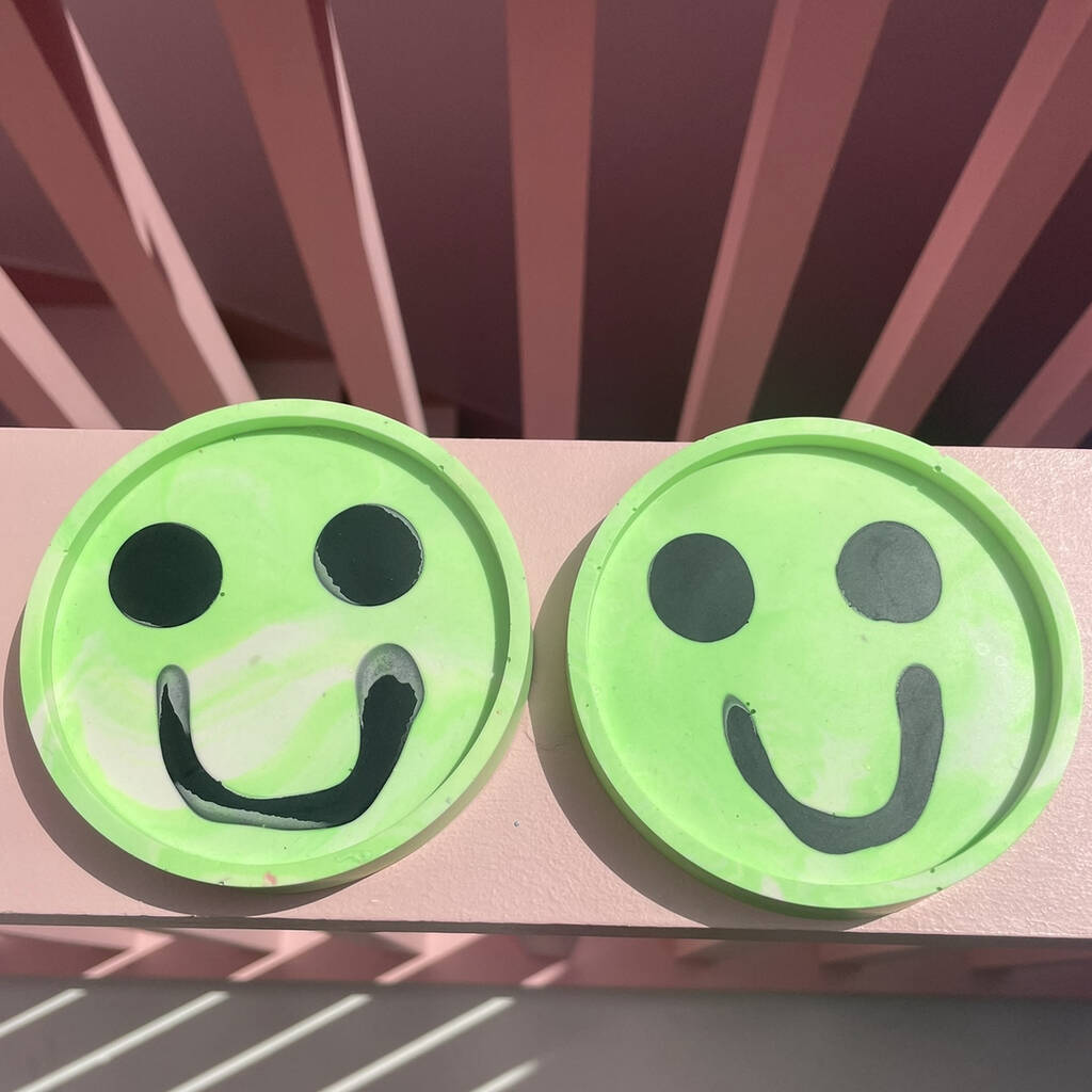 Smiley Face Coasters/ Tray Neon Green Set Of Two, 1 of 8