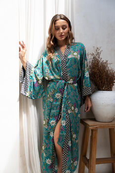 Satin Silky Turquoise Full Length Kimono Robe, 5 of 9
