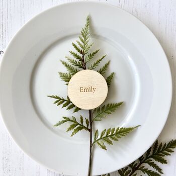 Round Wooden Wedding Favour Place Name Settings, 5 of 9