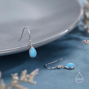 Sterling Silver Pear Cut Blue Turquoise Stone Drop Hook Earrings, 7 of 11