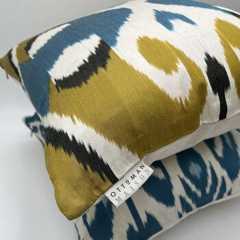 Square Ikat Silk Cushion Ochre And Blue Heart, 5 of 11