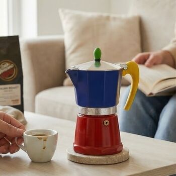 Italian Moka Pot Espresso Maker In Blue And Red, 5 of 5