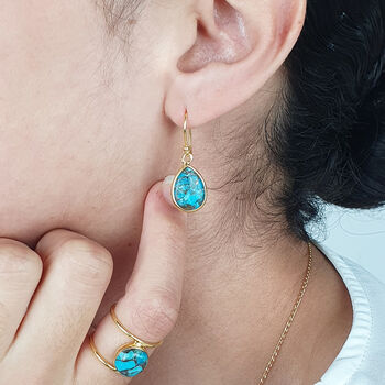 Blue Turquoise Gold Plated Teardrop Hook Earrings, 2 of 5