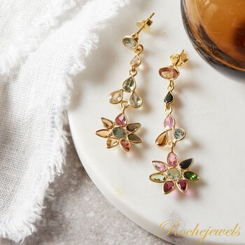 Multicoloured Tourmaline Star Shaped Long Stud Gold Earrings, 8 of 9