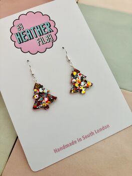 Gold, Silver And Red Christmas Tree Glitter Resin Earrings / Traditional Holiday Jewellery / Christmas Gift / Secret Santa Gift, 7 of 10
