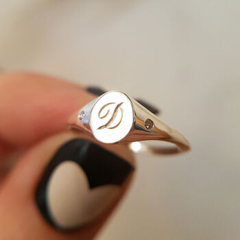 Mini Initial And Diamonds Signet Ring Gold/Silver, 3 of 12