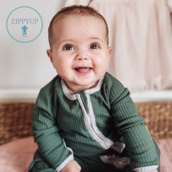 Leaf Green Ribbed Zip Up Babygrow, 2 of 4