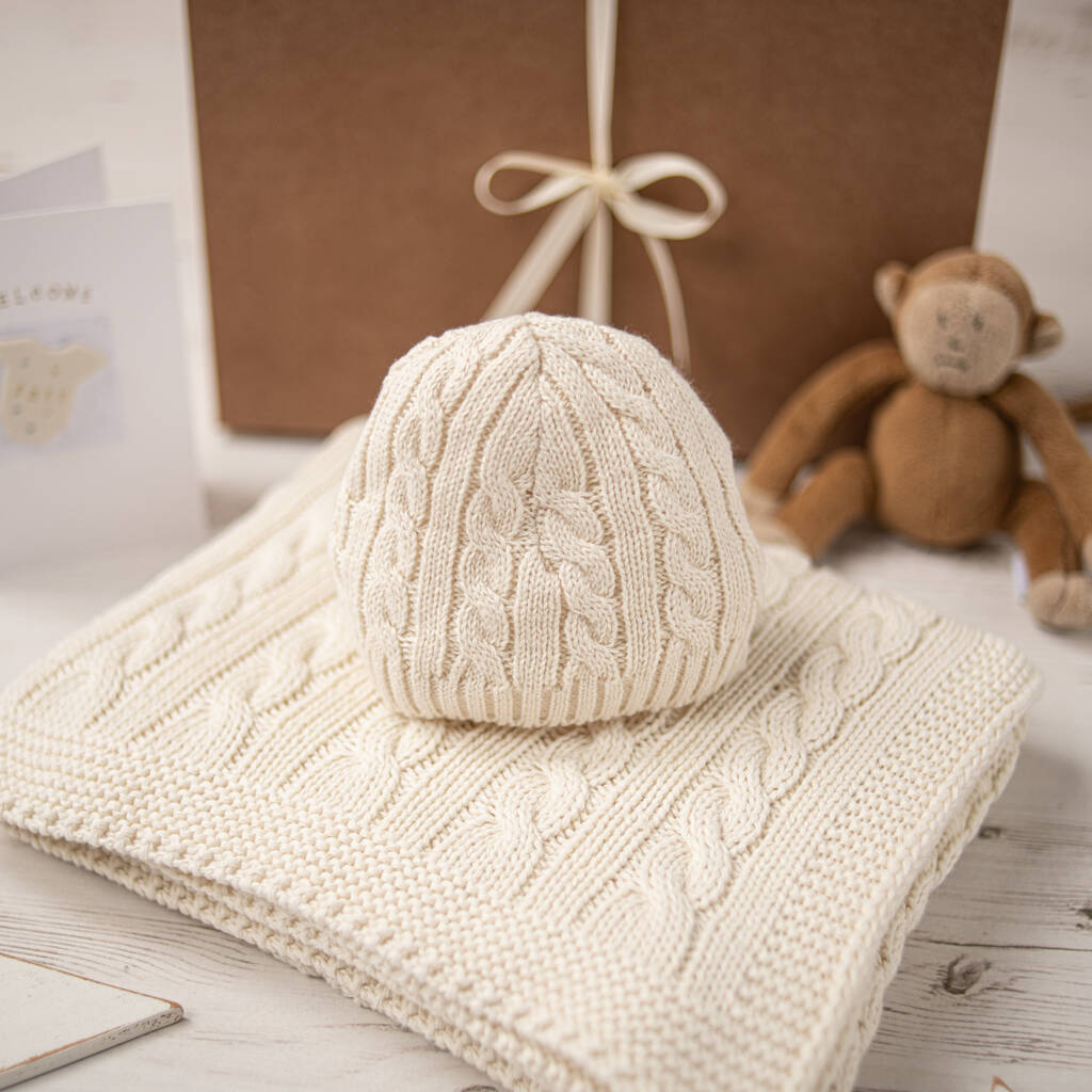 Cream Cable Baby Blanket And Hat Gift Set, 1 of 10