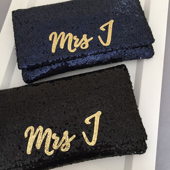 Black Or Navy Sequin Mrs Initial Clutch, 3 of 8