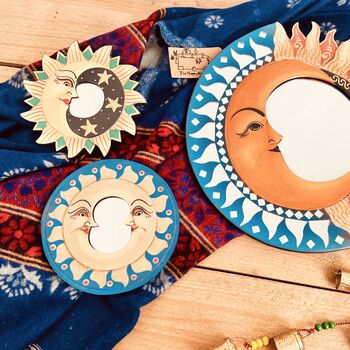 Set Of Three Wooden Sun And Moon Bohemian Wall Mirrors, 5 of 8