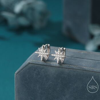 Sterling Silver Minimalist Cz Starburst Huggie Hoop Earrings, 2 of 10