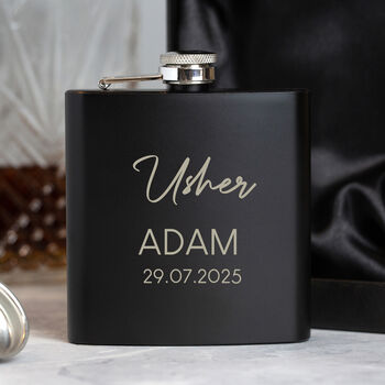 Personalised 6oz Black Script Best Man Groomsman Hip Flask, 3 of 6