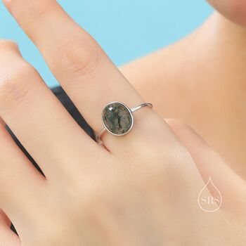Sterling Silver Large Oval Cabochon Moss Agate Classic Single Stone Engagement Ring, 2 of 12