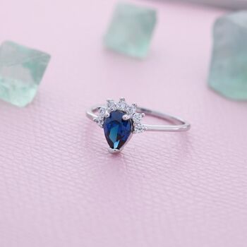 Pear Cut Sapphire Blue Cz Crown Ring In Sterling Silver, 7 of 12