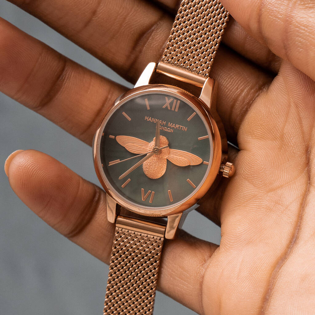 Personalised Rose Gold Plated Bee Watch With Olive Face, 1 of 9